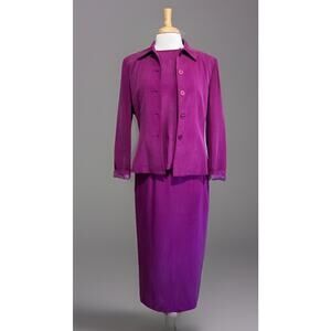 Josephine Chaus 3 Pc Suit Jacket Blouse Skirt Purple 100% Silk Size 6/8